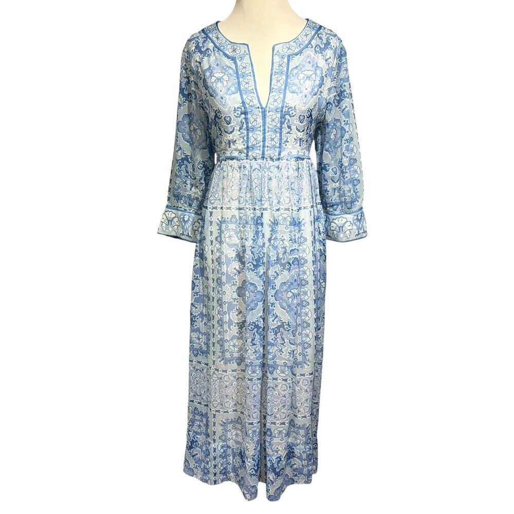 Gretchen Scott Blue White Floral Print Maxi Dress Size S 3/4 Sleeve Boho Preppy